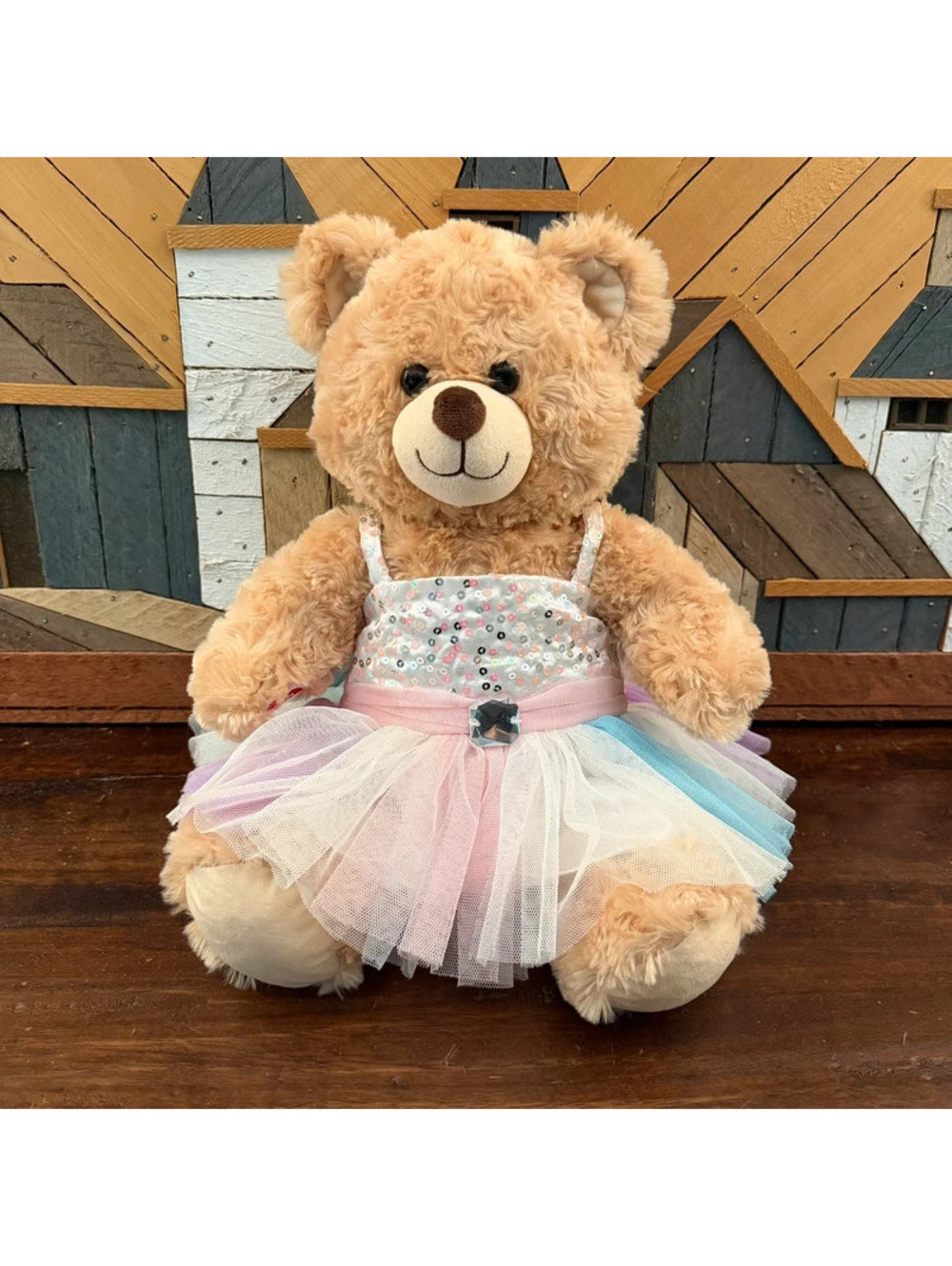 Build-A-Bear Happy Hugs Teddy Bear Rainbow Sparkle Tutu Dress Sequins 16”